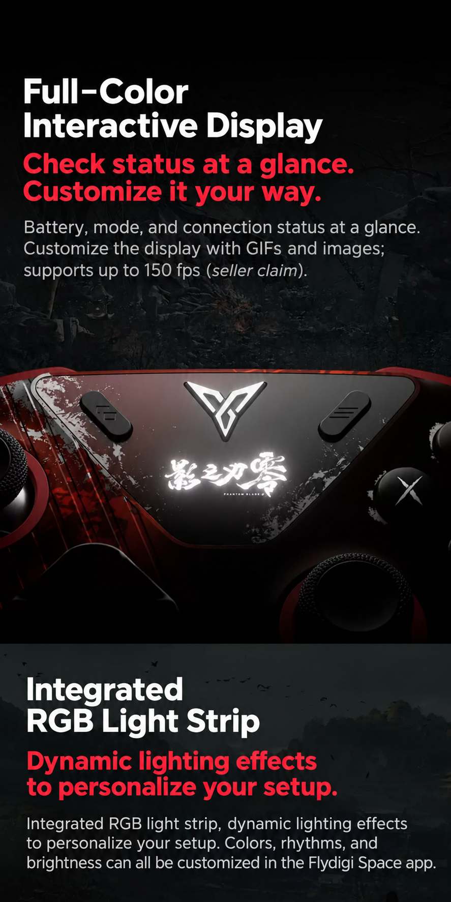Flydigi APEX 6 Pro feature graphic showing its color display and RGB light strip.