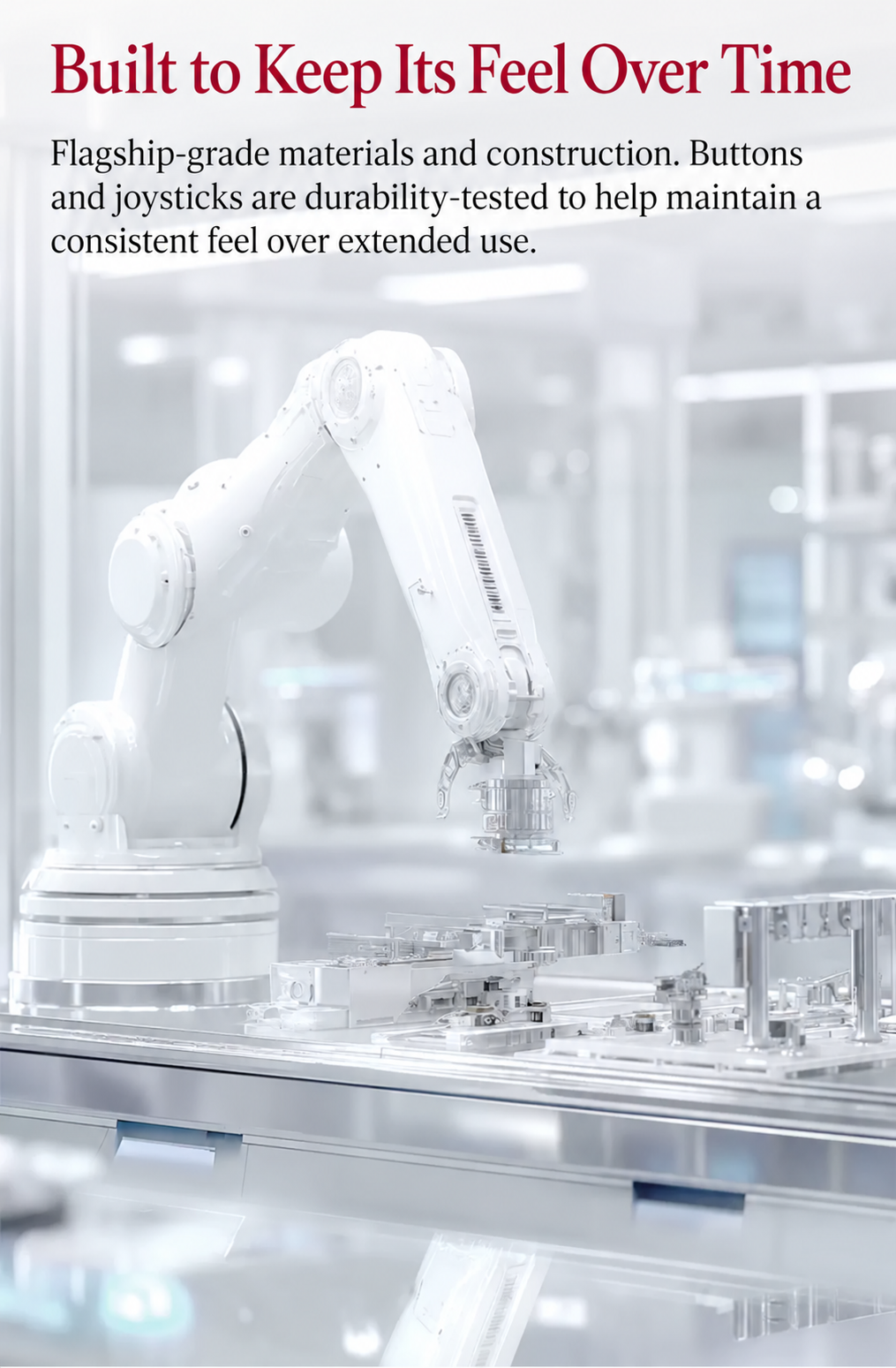 Flydigi APEX 6 Pro controller displayed beside an industrial robot arm.