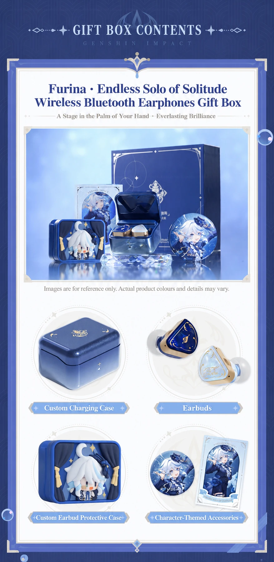 Seller graphic showing a Furina charging case, earbuds, protective case, and themed accessories.