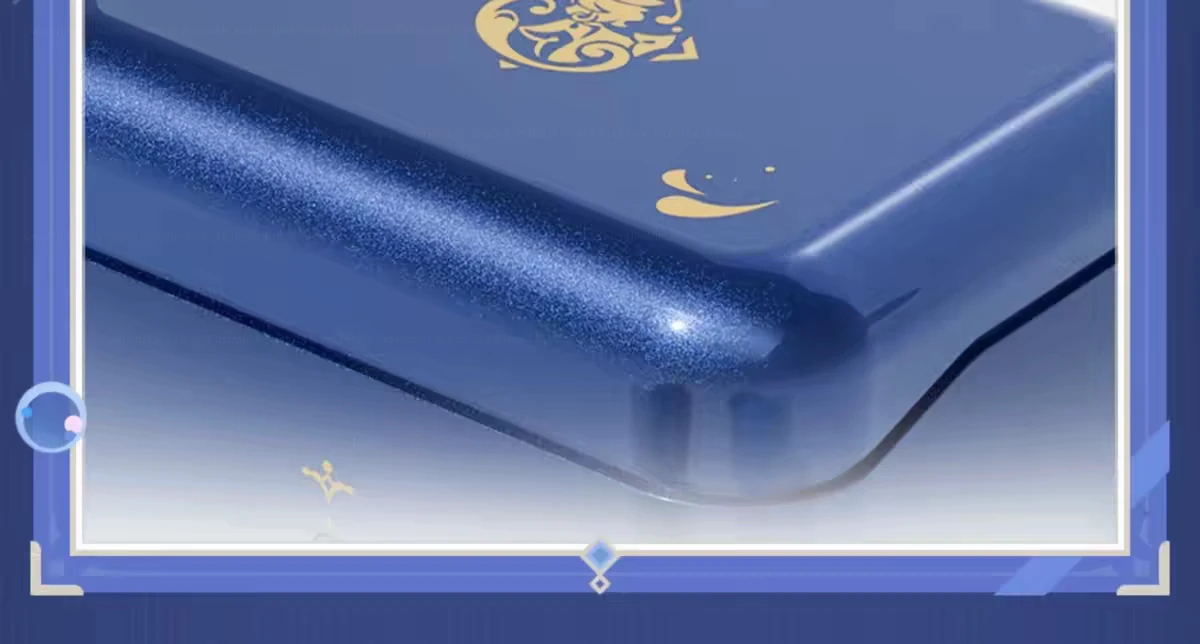Close-up of the navy charging case with a starry finish and gold character emblem.
