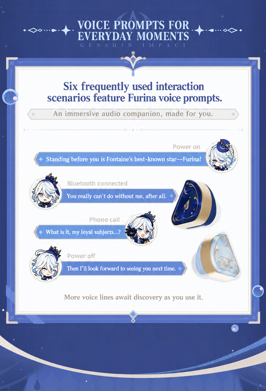 Furina voice-prompt graphic illustrating power-on, Bluetooth connection, phone-call, and power-off lines.