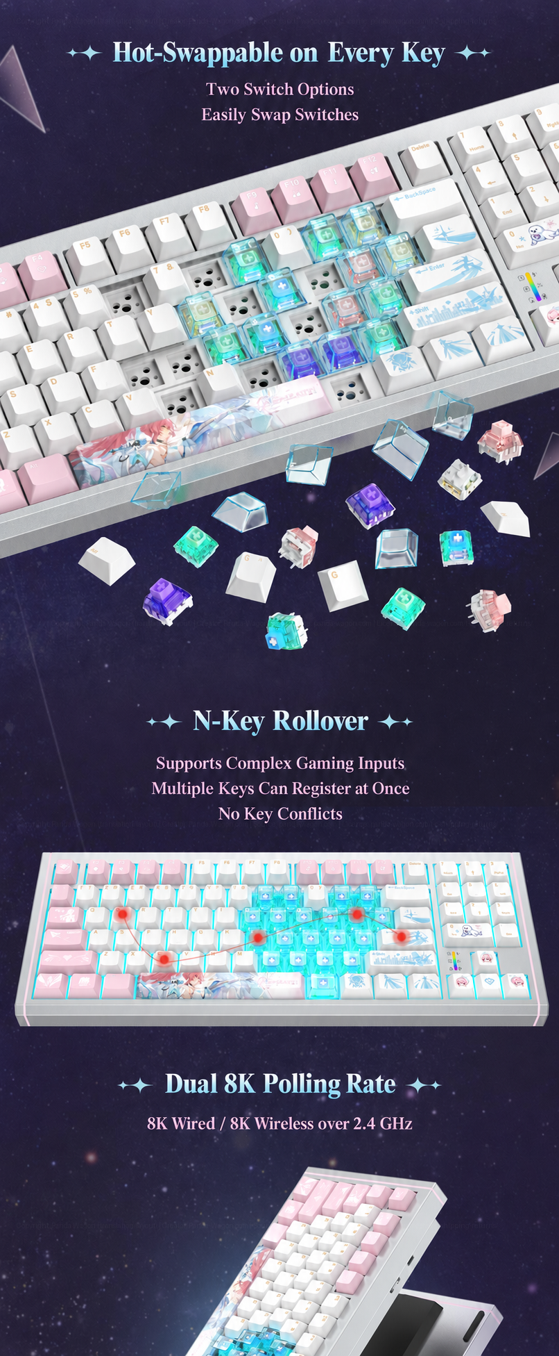 K89 Pro feature graphic showing hot-swappable switches, full-key rollover, and dual 8K polling.