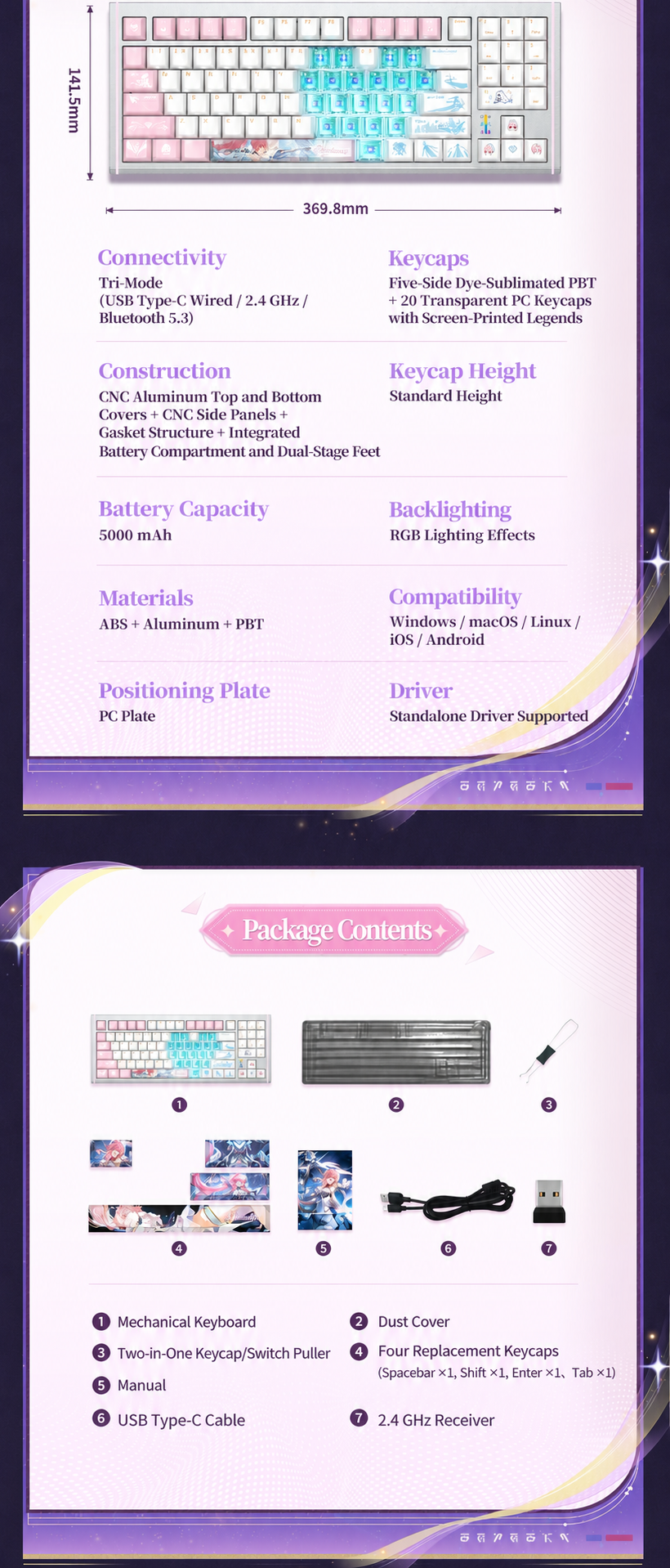 K89 Pro specification graphic with dimensions, connectivity, keycap details, system compatibility, and a seven-item package diagram.