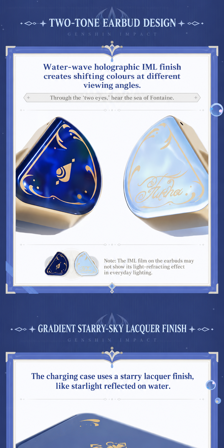 Two-tone Furina earbud designs with an IML finish claim and a starry-lacquer charging-case detail.