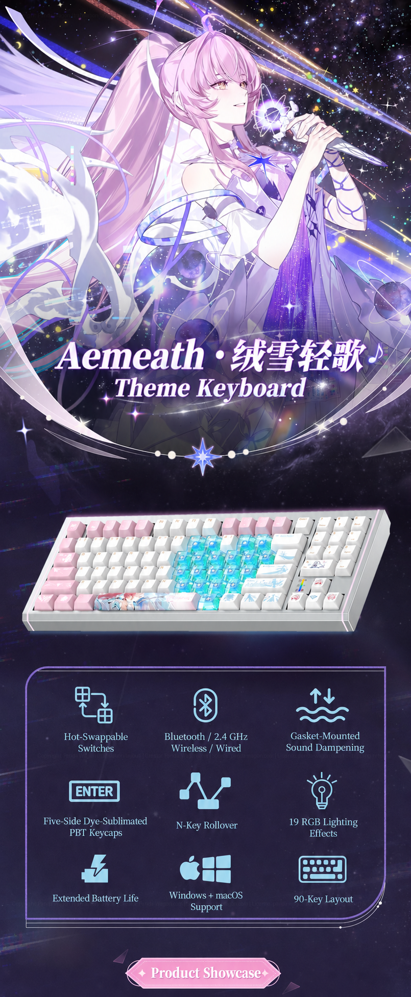 Wuthering Waves Aemeath &ldquo;绒雪轻歌&rdquo; K89 Pro keyboard in silver with pink keys, cyan accents, and character artwork.