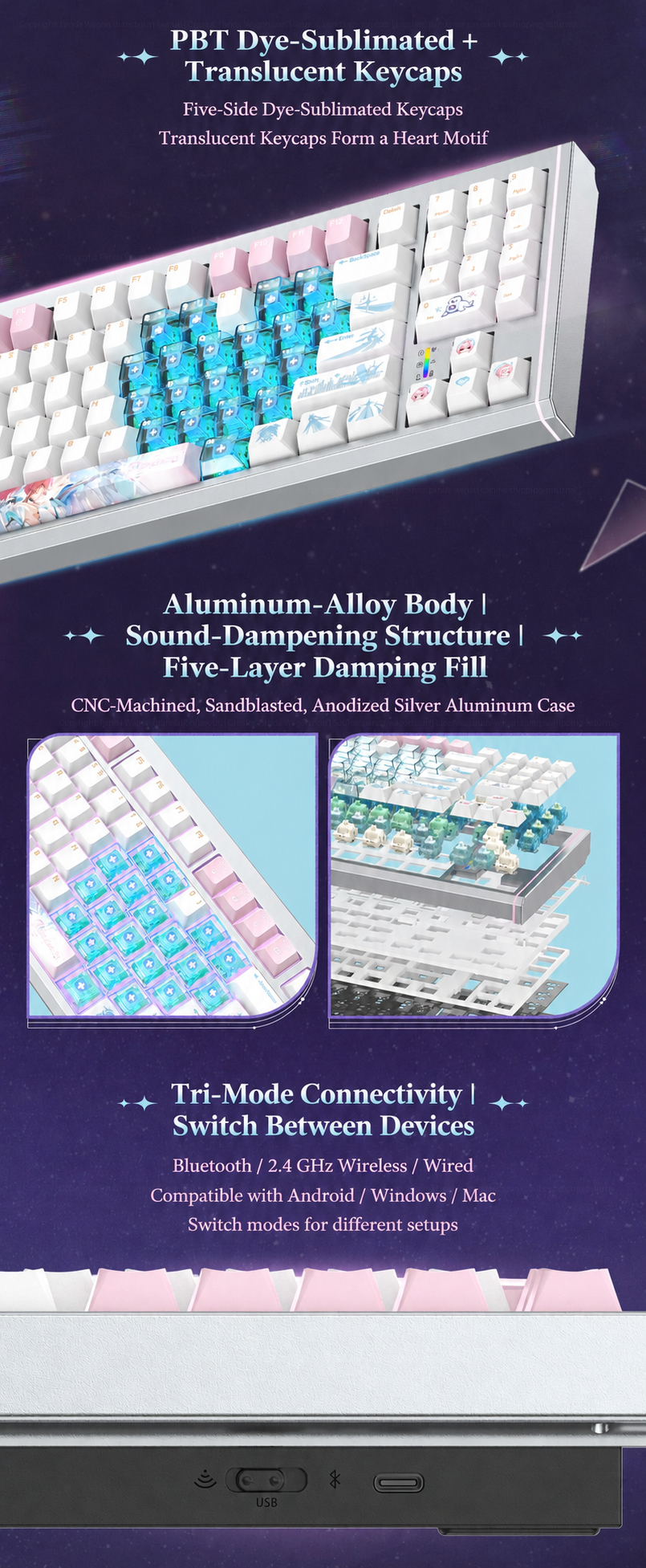 K89 Pro feature graphic showing PBT keycaps, an aluminum case, sound-damping layers, and tri-mode connectivity.