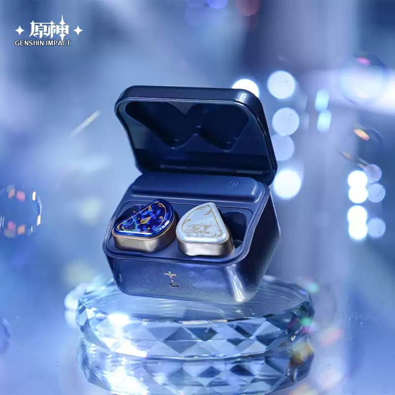 Open navy charging case displayed with two Furina-decorated earbuds.