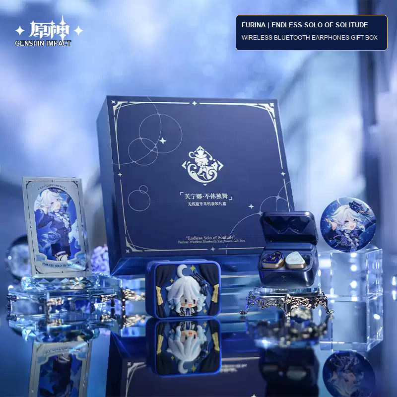 Furina earphones gift-box scene with navy packaging, decorated charging case, earbuds, and coordinated character artwork.