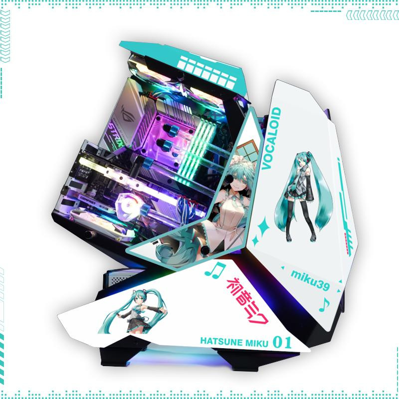 Hatsune Miku Jonsbo MOD 5 PC case open with an RGB build inside