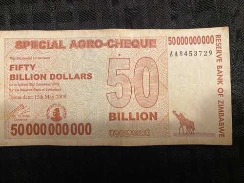 Front view of 2008 Zimbabwe 50 Billion Special Agro Cheque.