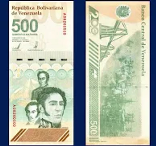 Front and rear view of uncirculated 2023 Venezuelan 500 Digitales Bolivar Soberano banknote.