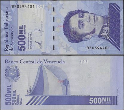 Front and rear view of 2020 circulated Venezuela 500Mil Bolivar Soberano banknote.