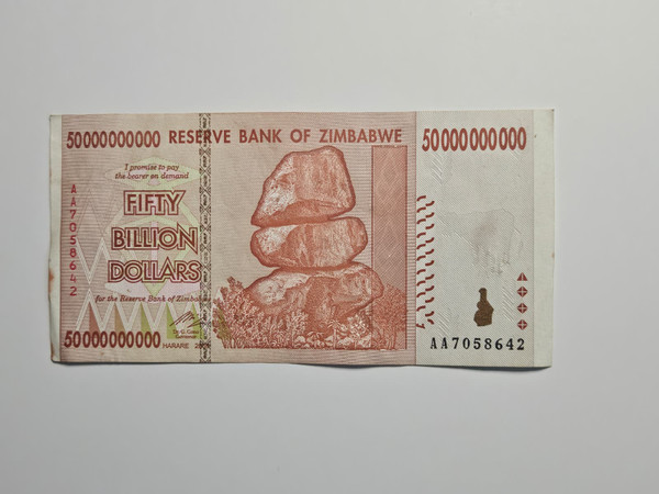 Front view of 2008 Zimbabwe 50 Billion Dollar note.