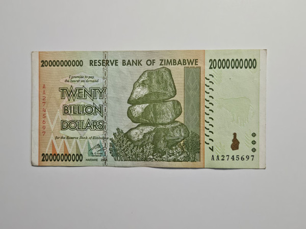 Front view of 2008 Zimbabwe 20 Billion Dollar note.
