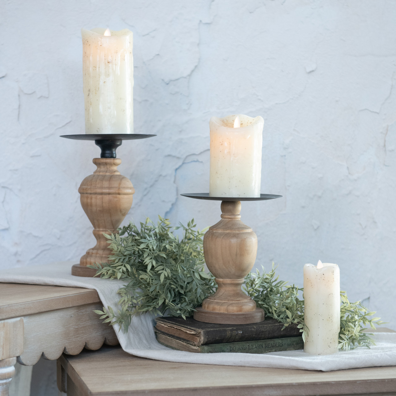 SET/2 TURNED WOOD & METAL PILLAR CANDLESTICKS Ragon House