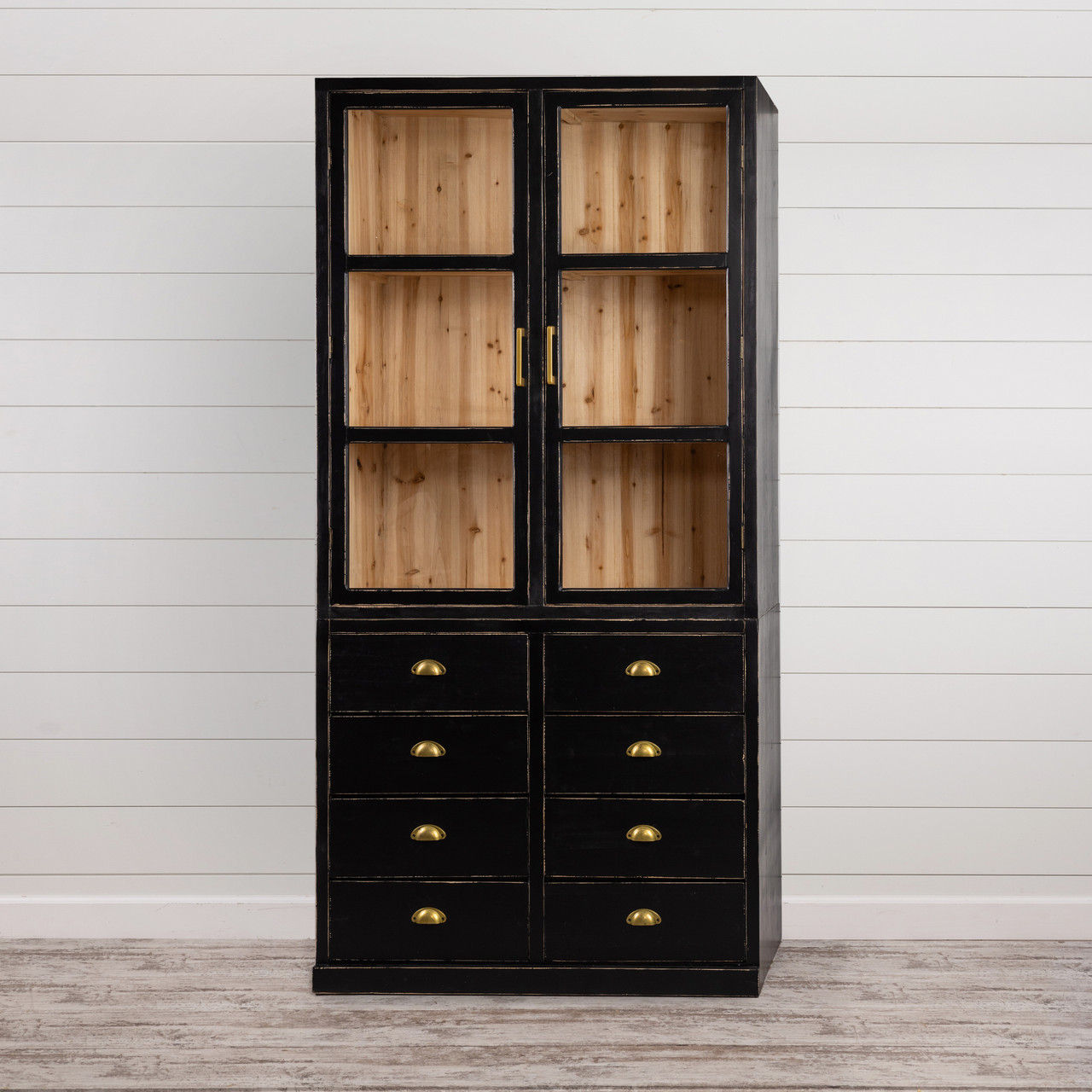 BLACK GLASS DOUBLE DOOR W/ 8 DRAWERS* Ragon House