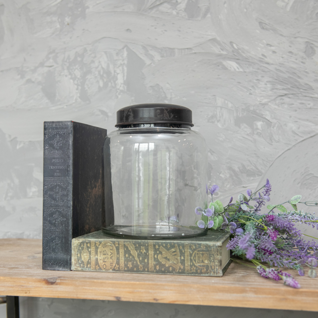 8" CLEAR GLASS JAR W/ BLACK LID Ragon House