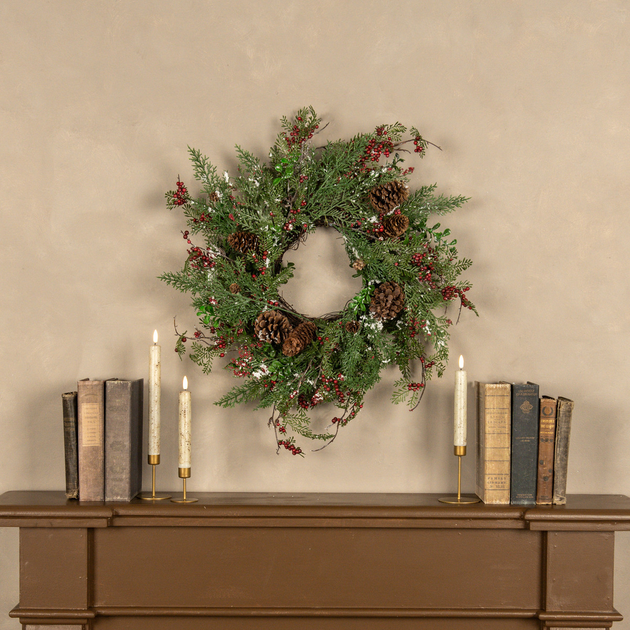 24" SNOW FLURRY WREATH W/ RED BERRIES