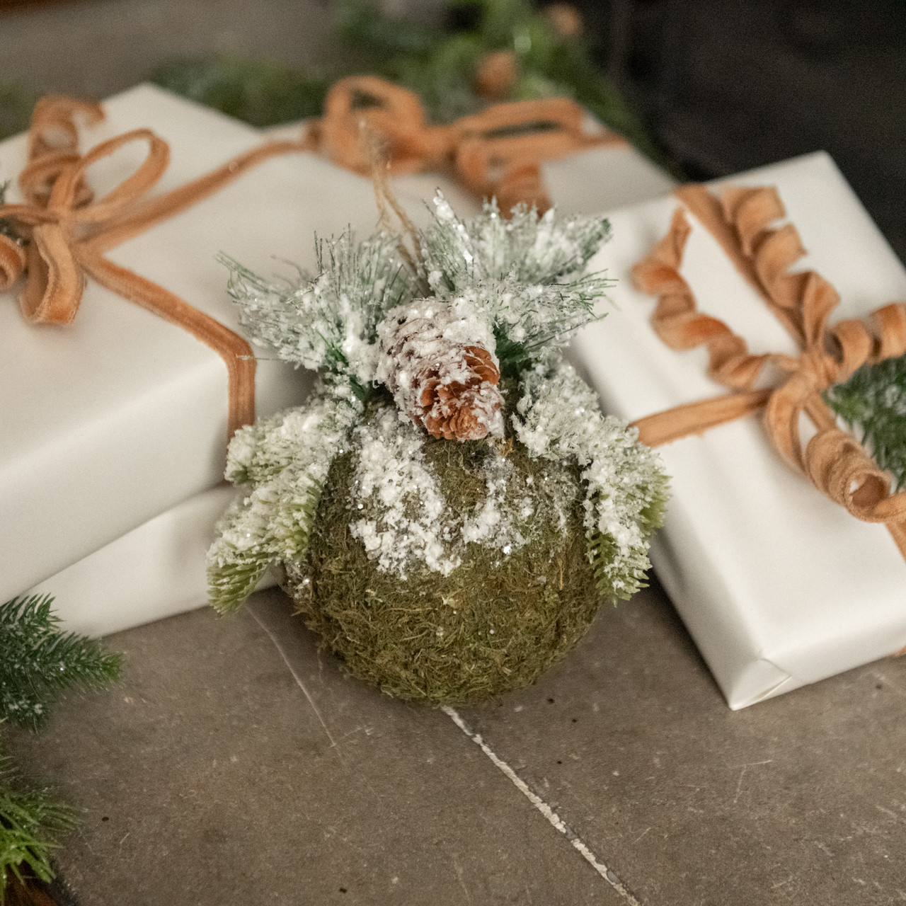 6" SNOW COVERED MOSS BALL & PINE ORNAMENT