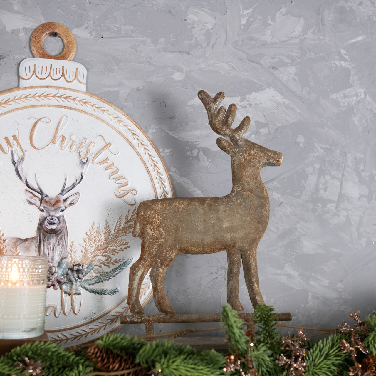 16" DISTRESSED METAL DEER ON FAUX WOOD BASE