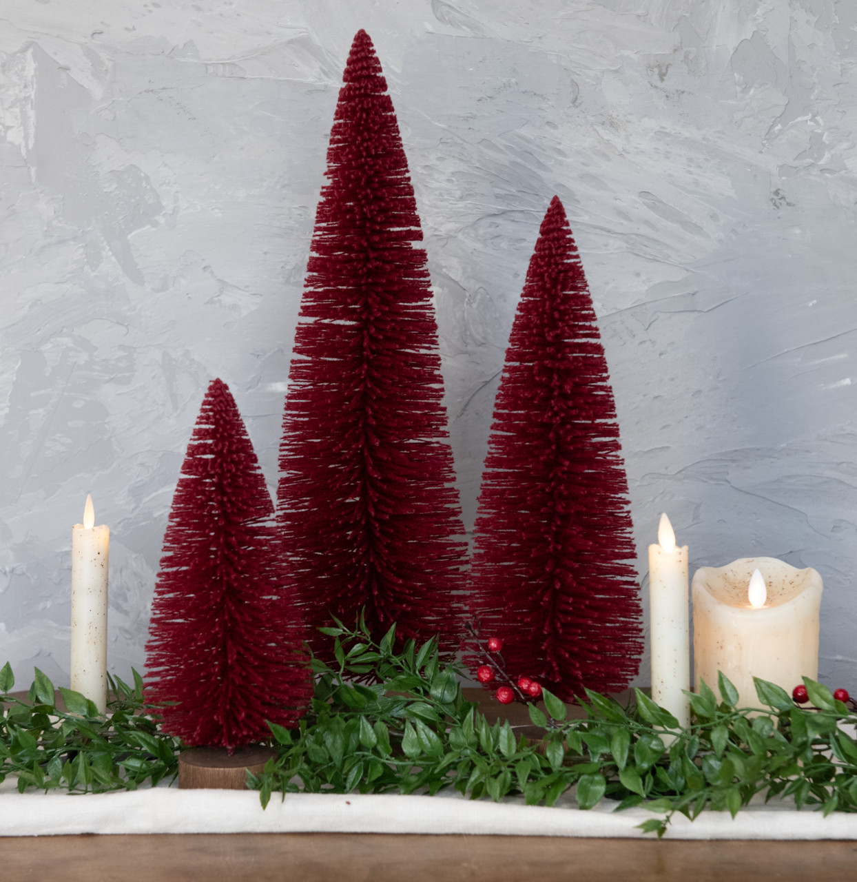 SET/ 3 BURGUNDY BOTTLE BRUSH TREES