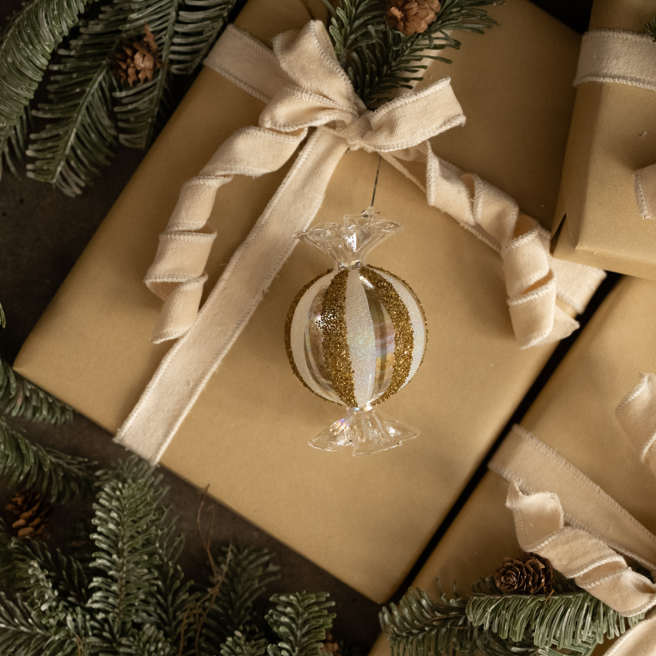 4.5" ROUND GOLD STRIPE CANDY ORNAMENT