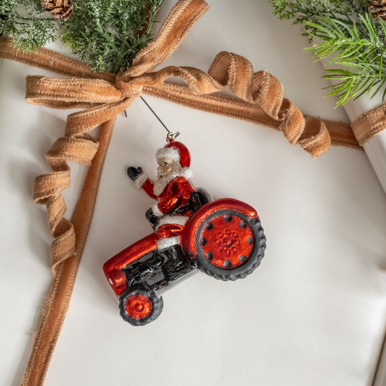 SANTA ON RED TRACTOR ORNAMENT
