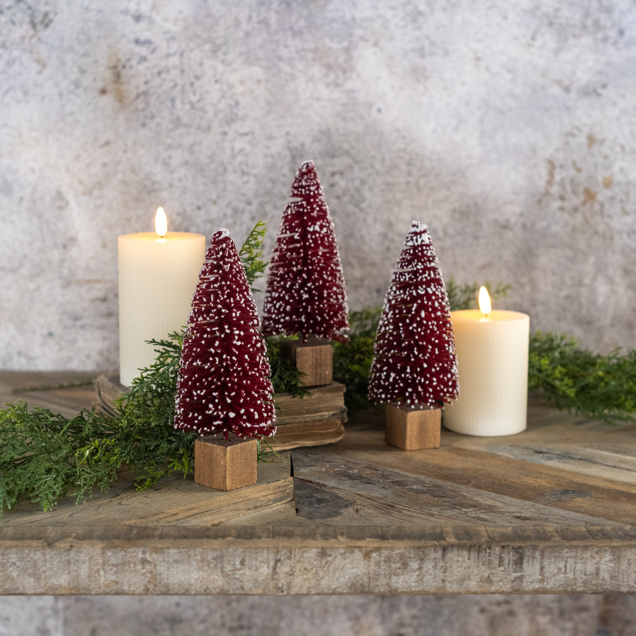 SET/ 3 - 7" BURGUNDY BOTTLEBRUSH TREES W/ SNOWY TIPS