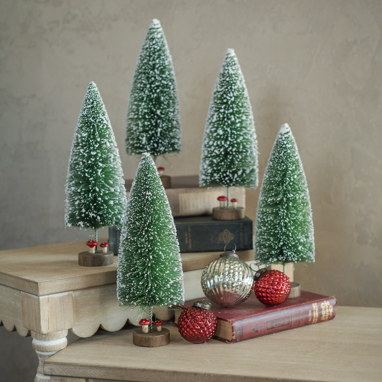 SET/ 5 - 10" DEEP GREEN BOTTLEBRUSH TREES W/ MUSHROOMS