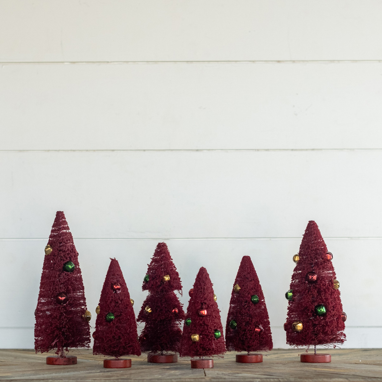 SET/ 6 BURGUNDY BOTTLEBRUSH TREES W/ JINGLE BELLS