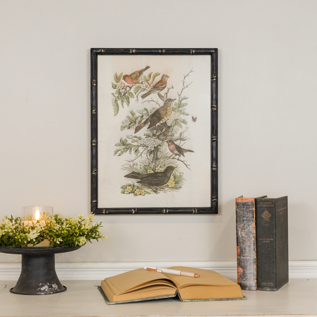 BIRDS IN THE GARDEN PRINT W/ BLACK FRAME