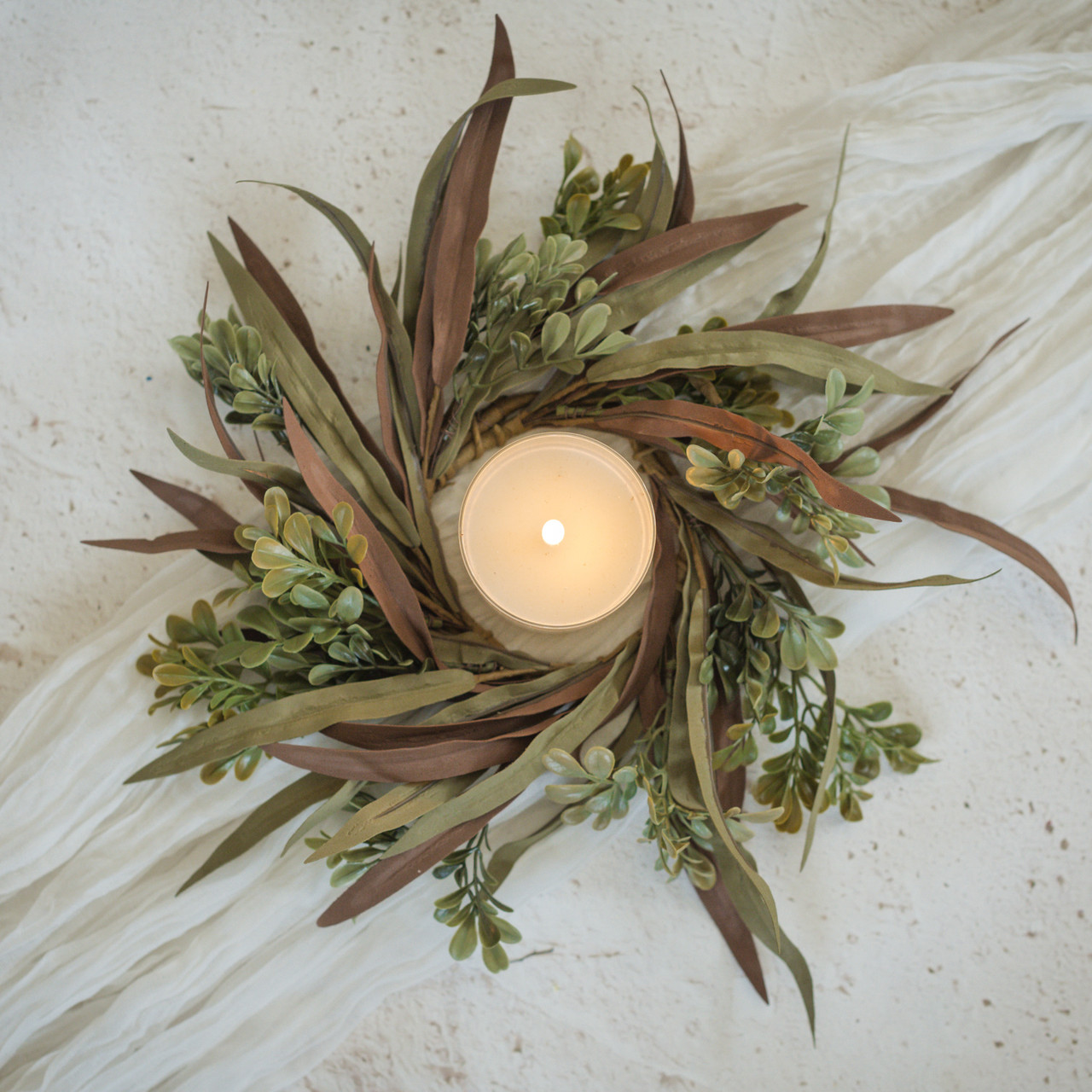 14" BROWN & GREEN MIXED LEAF CANDLE RING