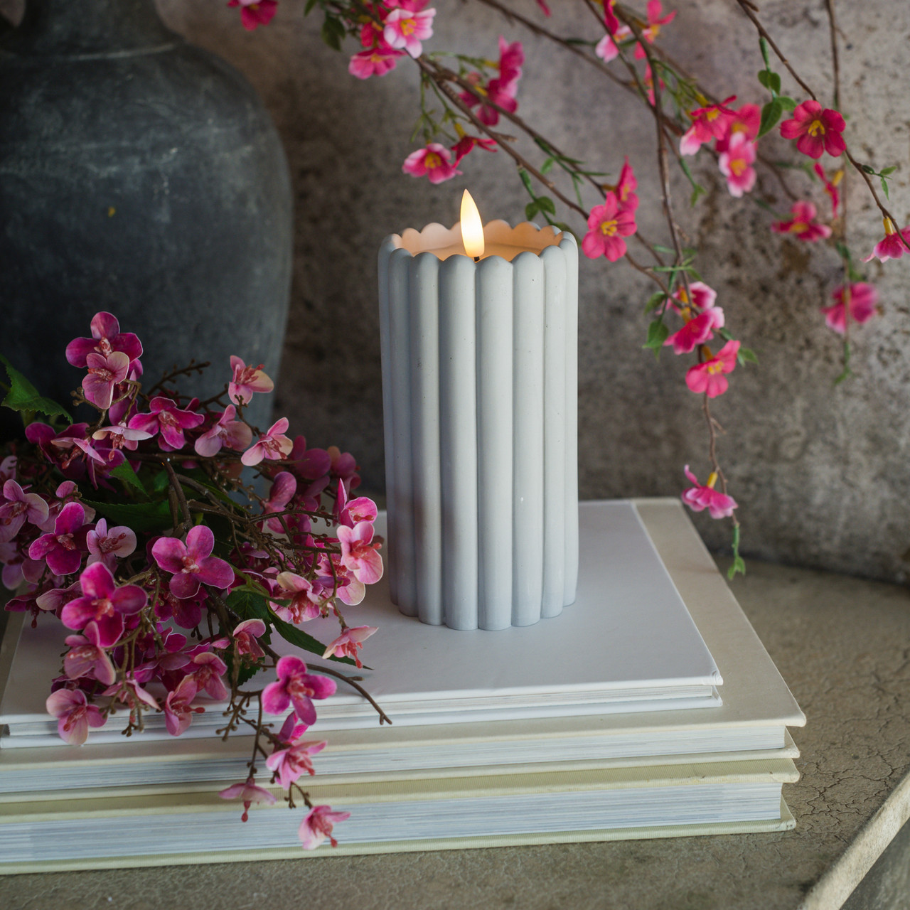 6" GREY CEMENT COLUMN 3D FLAME CANDLE