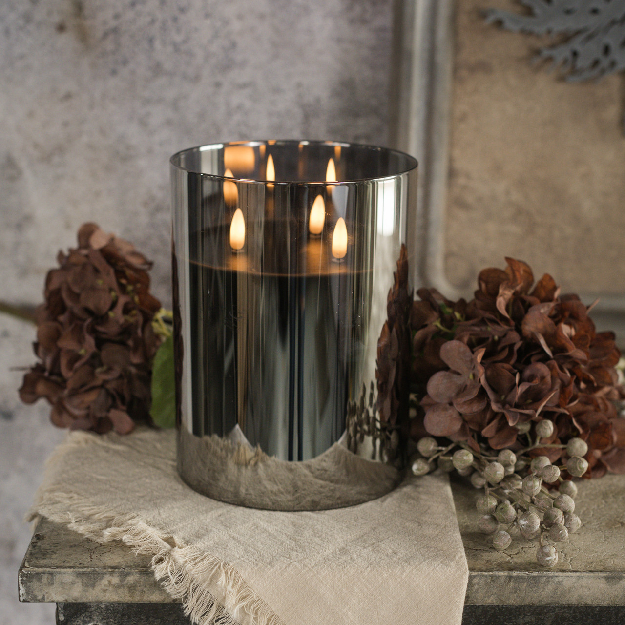 8" BLACK GLASS 3 WICK 3D FLAME CANDLE