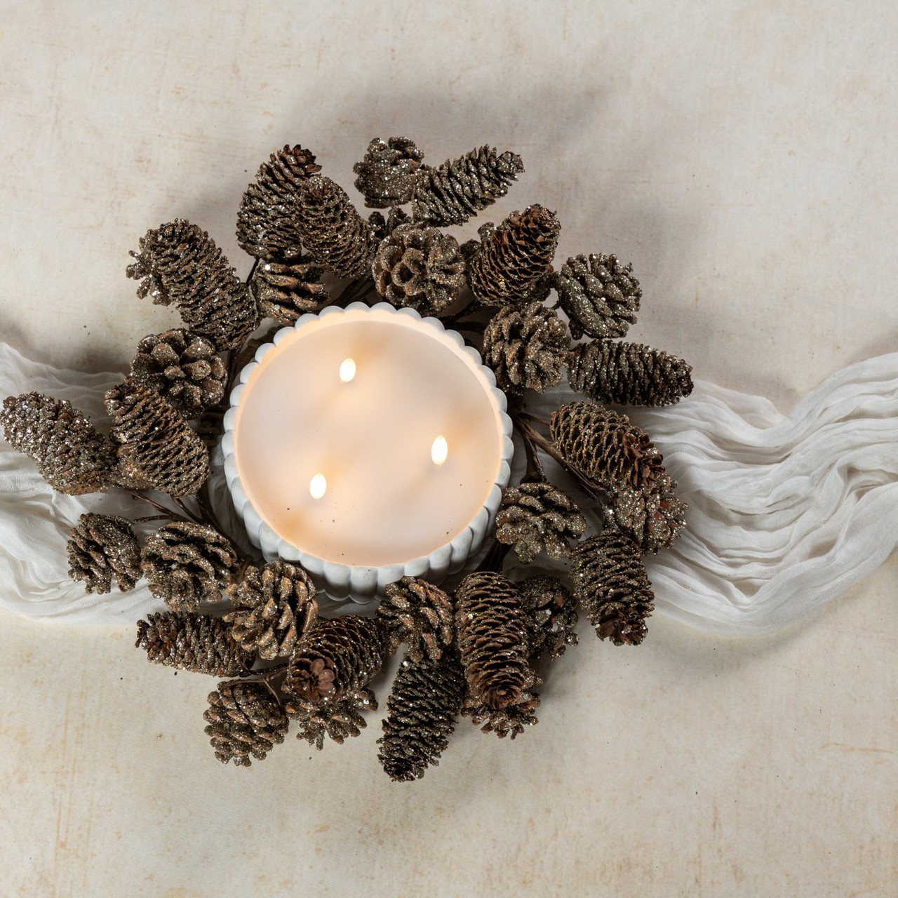 14" GOLD GLITTERED PINECONE CANDLE RING