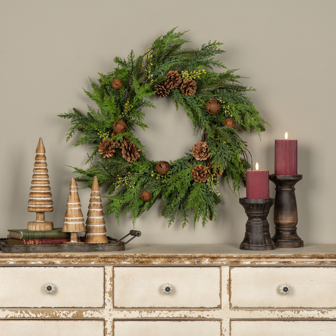 24" SOFT TOUCH PINE & CEDAR W/ AGED BELLS WREATH