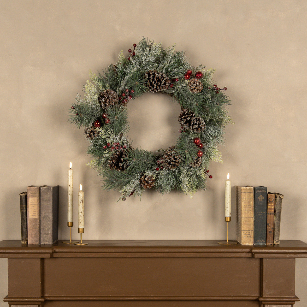 24" FROSTED PINE & CEDAR W/ BERRIES, ORNAMENTS & PINECONE WREATH