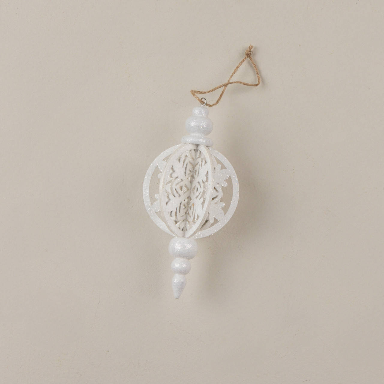 6.5" WHITE GLITTERED HANGING ORNAMENT