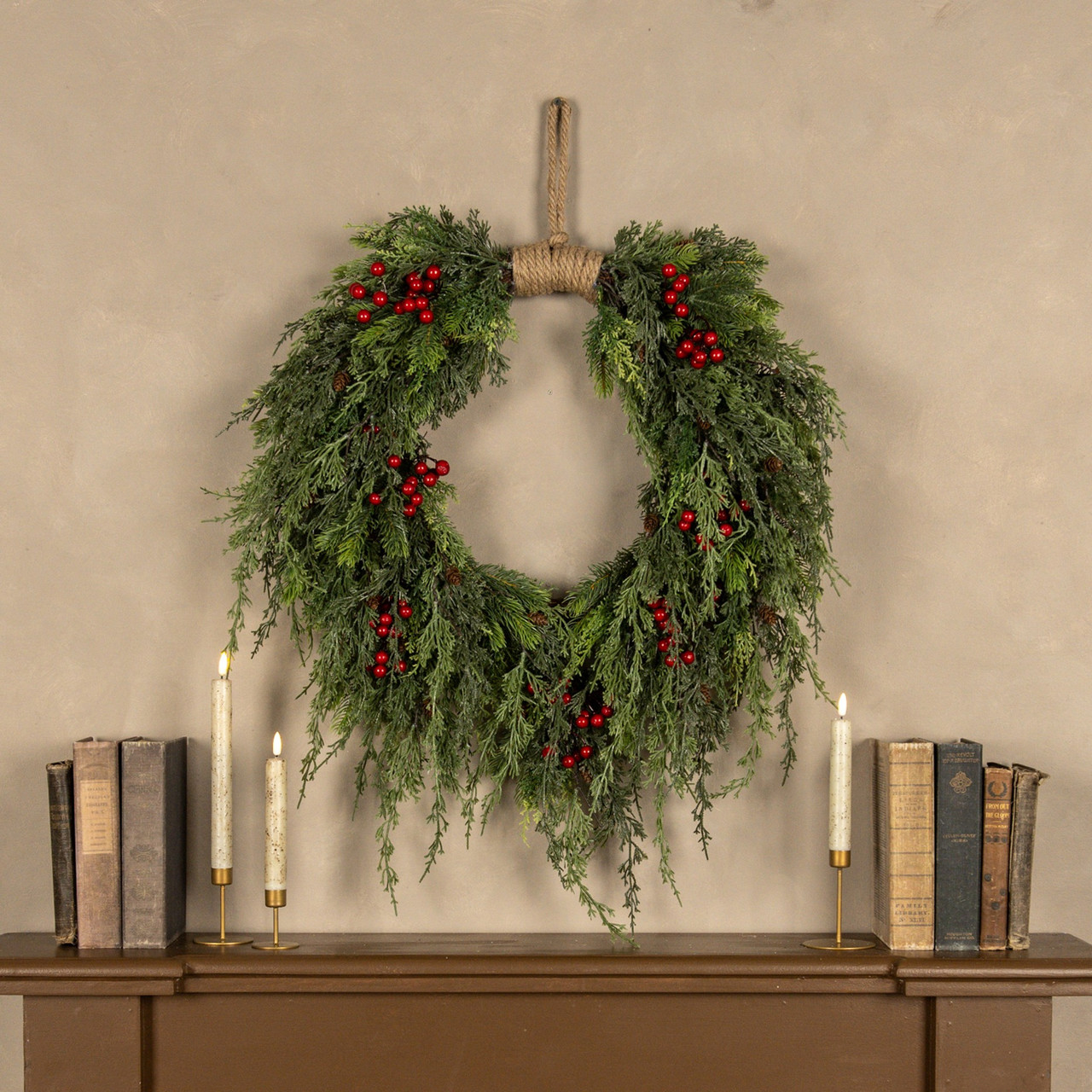 28" PINE, CEDAR & BERRIES HANGING WREATH