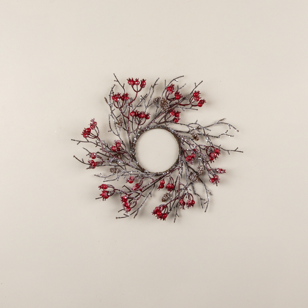 14" ICED TWIG & RED BERRY CANDLE RING