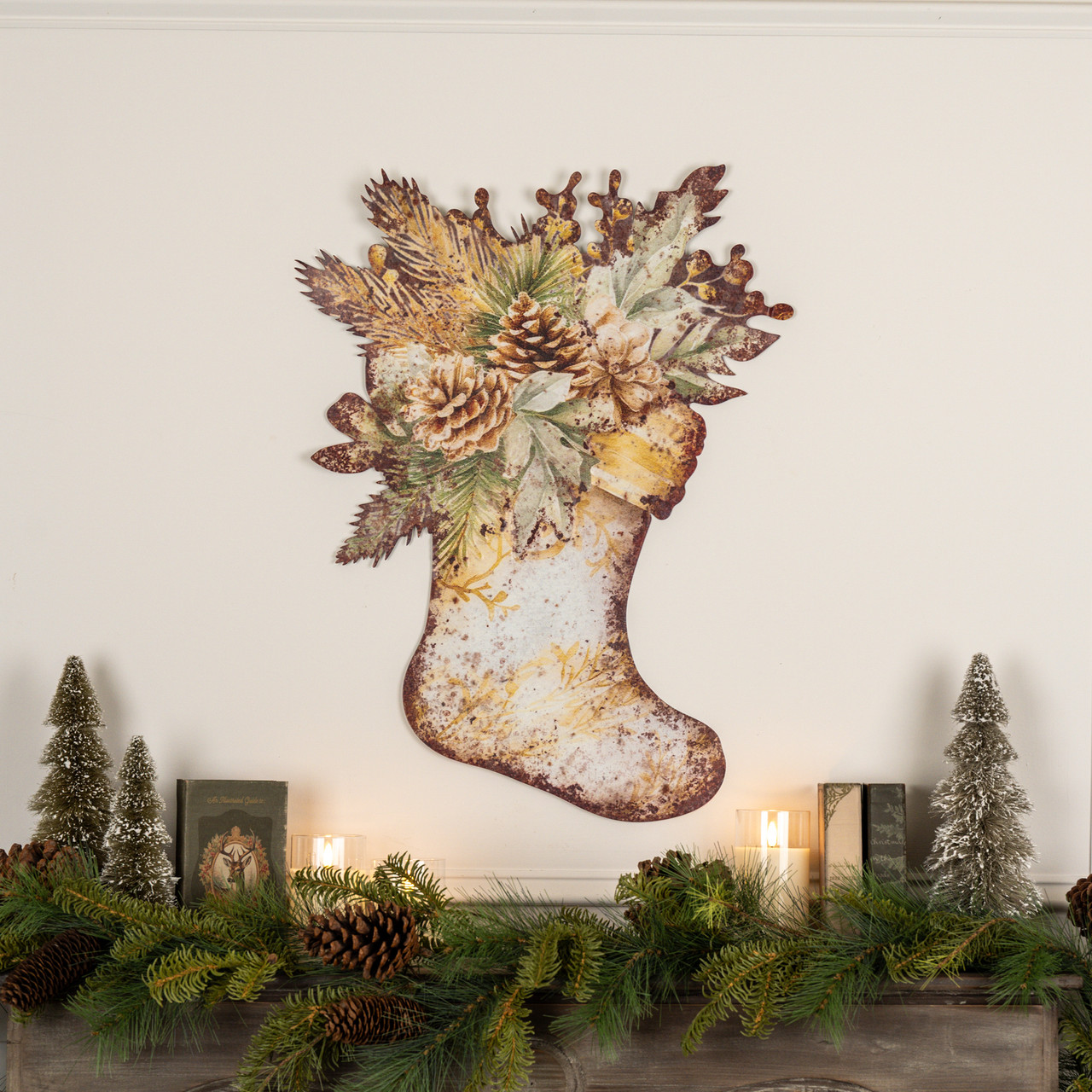 CREAM STOCKING W/ FOREST GREENERY METAL WALL PLAQUE