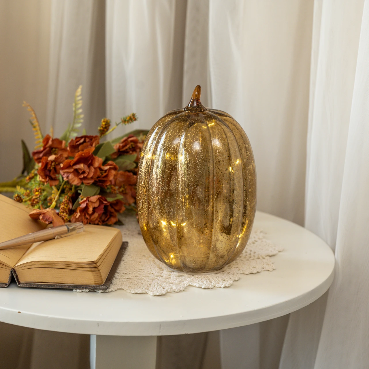 8.5" GOLD CRACKLE GLASS LED PUMPKIN
