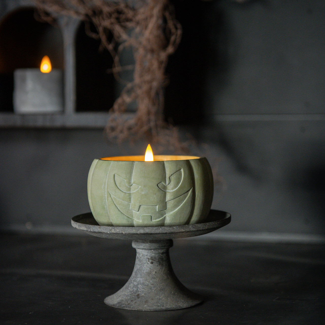 3.5" GREEN JACK-O-LANTERN 3D FLAME CANDLE
