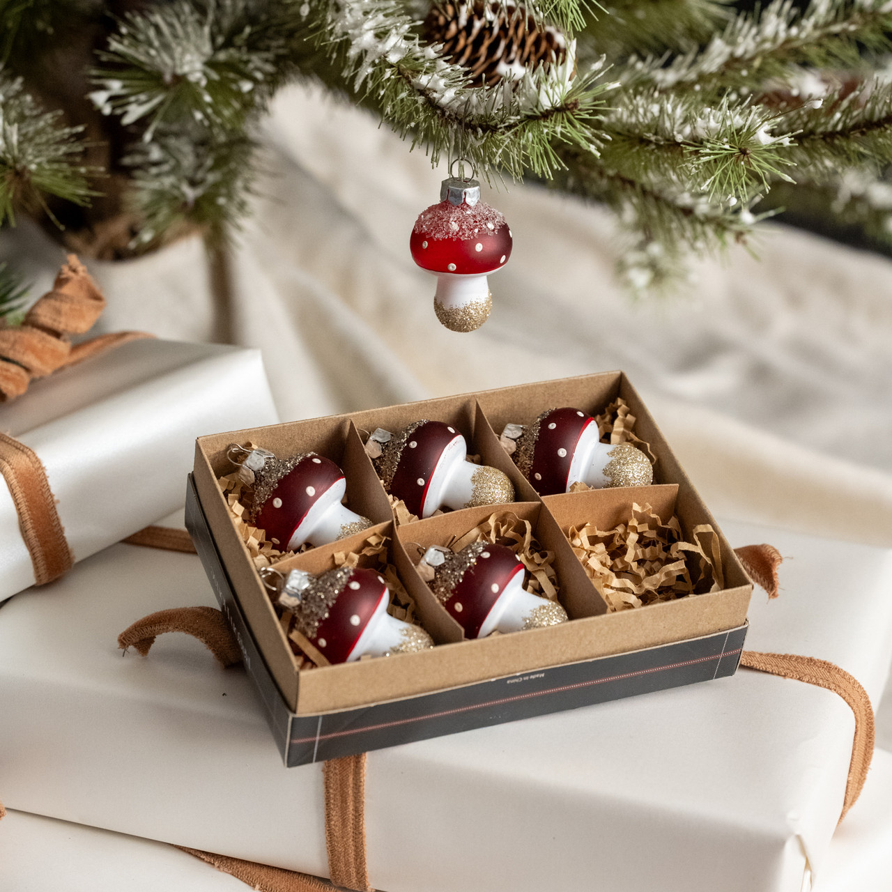 SET/ 6 GLITTERED RED MUSHROOM ORNAMENTS