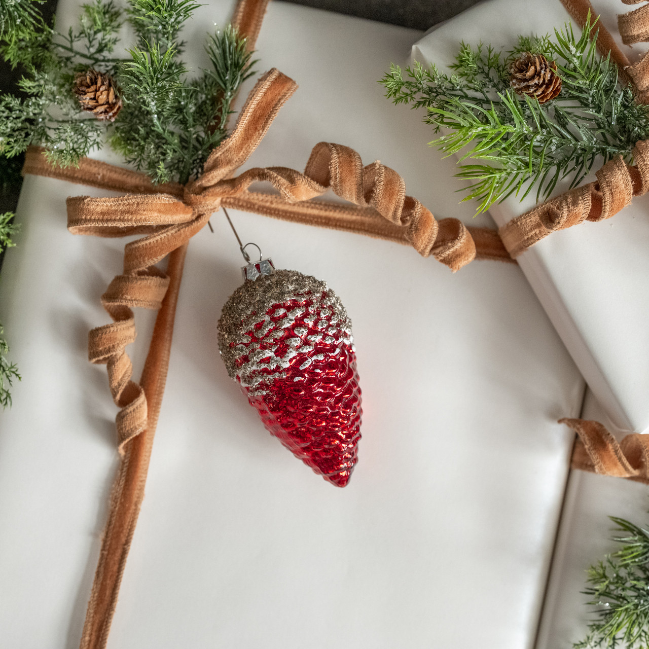 4.5" RED PINECONE W/ SILVER GLITTER ORNAMENT