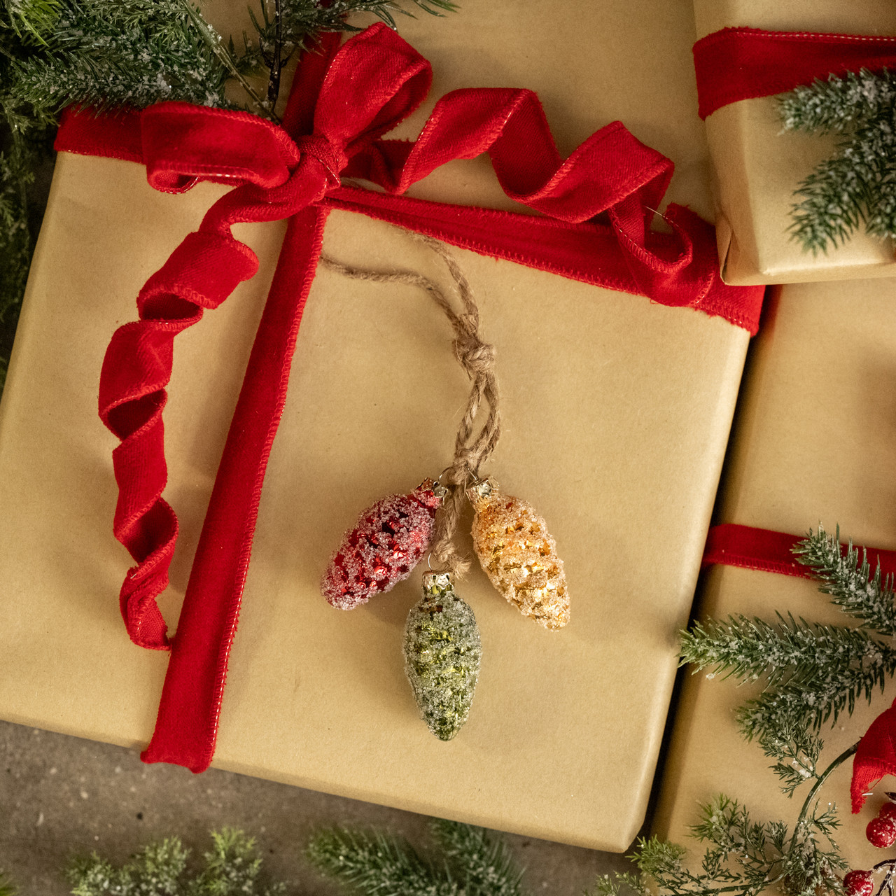 GOLD, GREEN & RED PINECONE TRIO ORNAMENT