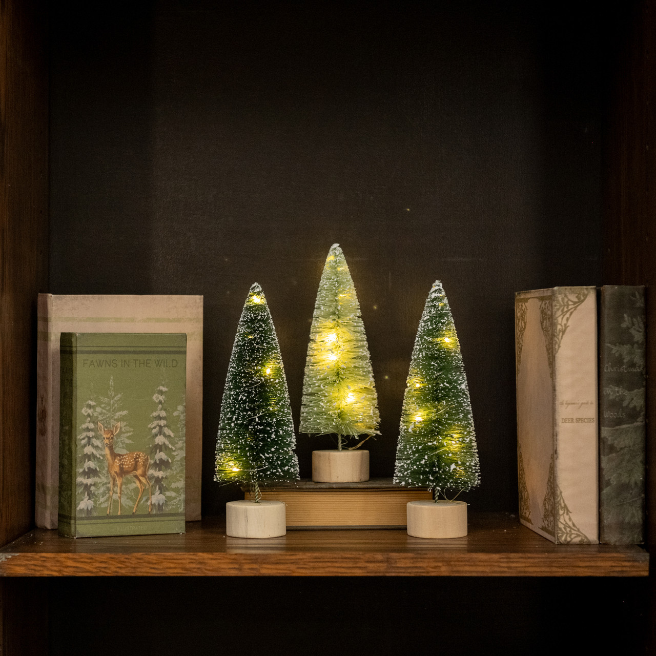 SET/ 3 - 9" LIGHTED GREEN BOTTLEBRUSH TREES