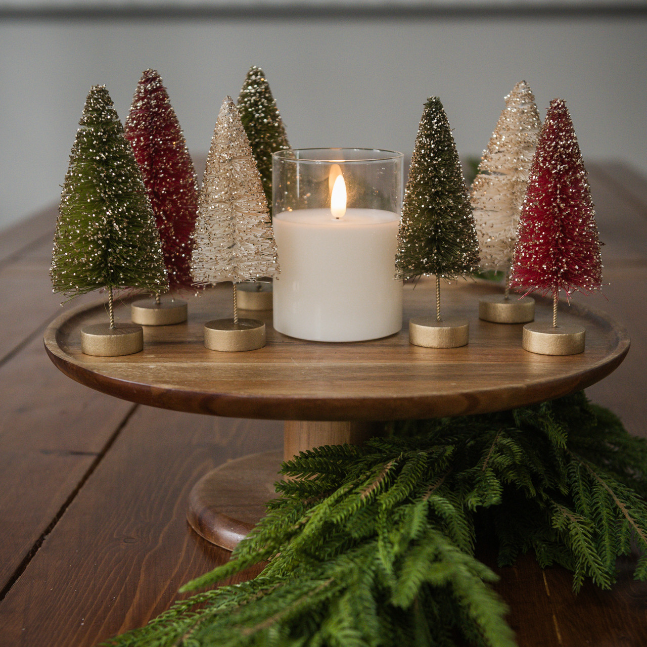 SET/ 7 MEDIUM GLITTERED HOLIDAY BOTTLEBRUSH TREES