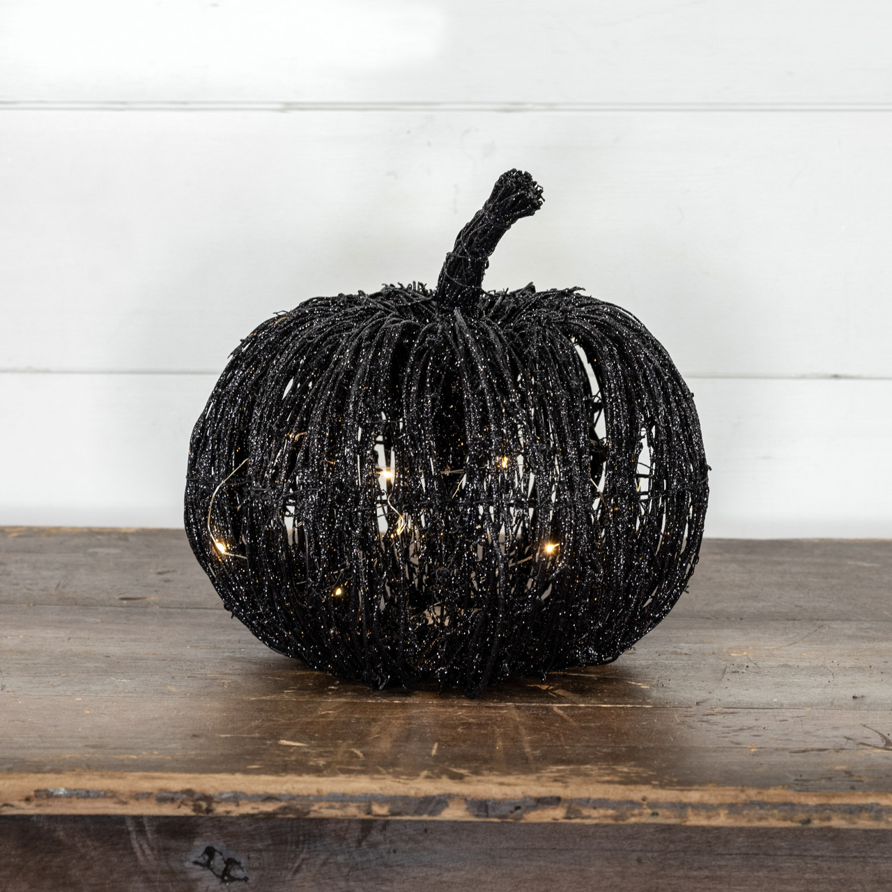 11" LIGHTED BLACK GLITTER RATTAN PUMPKIN