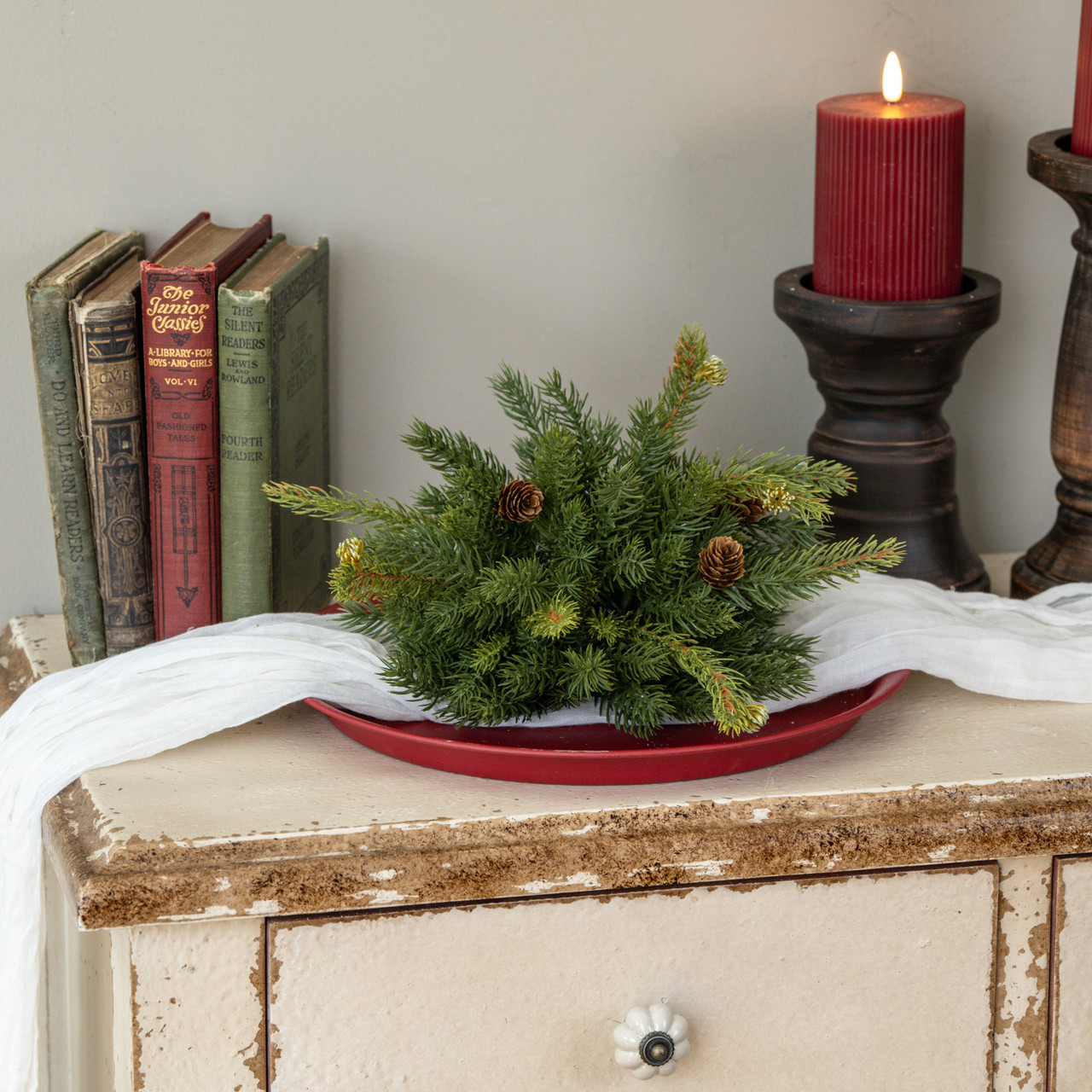 9" WHITE SPRUCE HALF BALL W/ MINI PINECONES